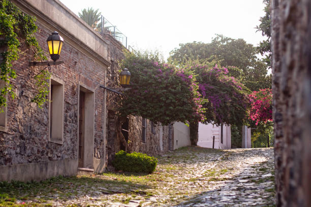 Colonia del Sacramento, Uruguay - January 24, 2016: A  typical cobblestone street with colonial style houses and streetlights at the historic district of Colonia del Sacramento during a sunny summer morning.