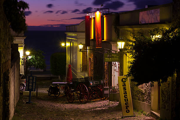 Uruguay, Colonia del Sacramento, Calle de la Playa, pedestrian street, dusk